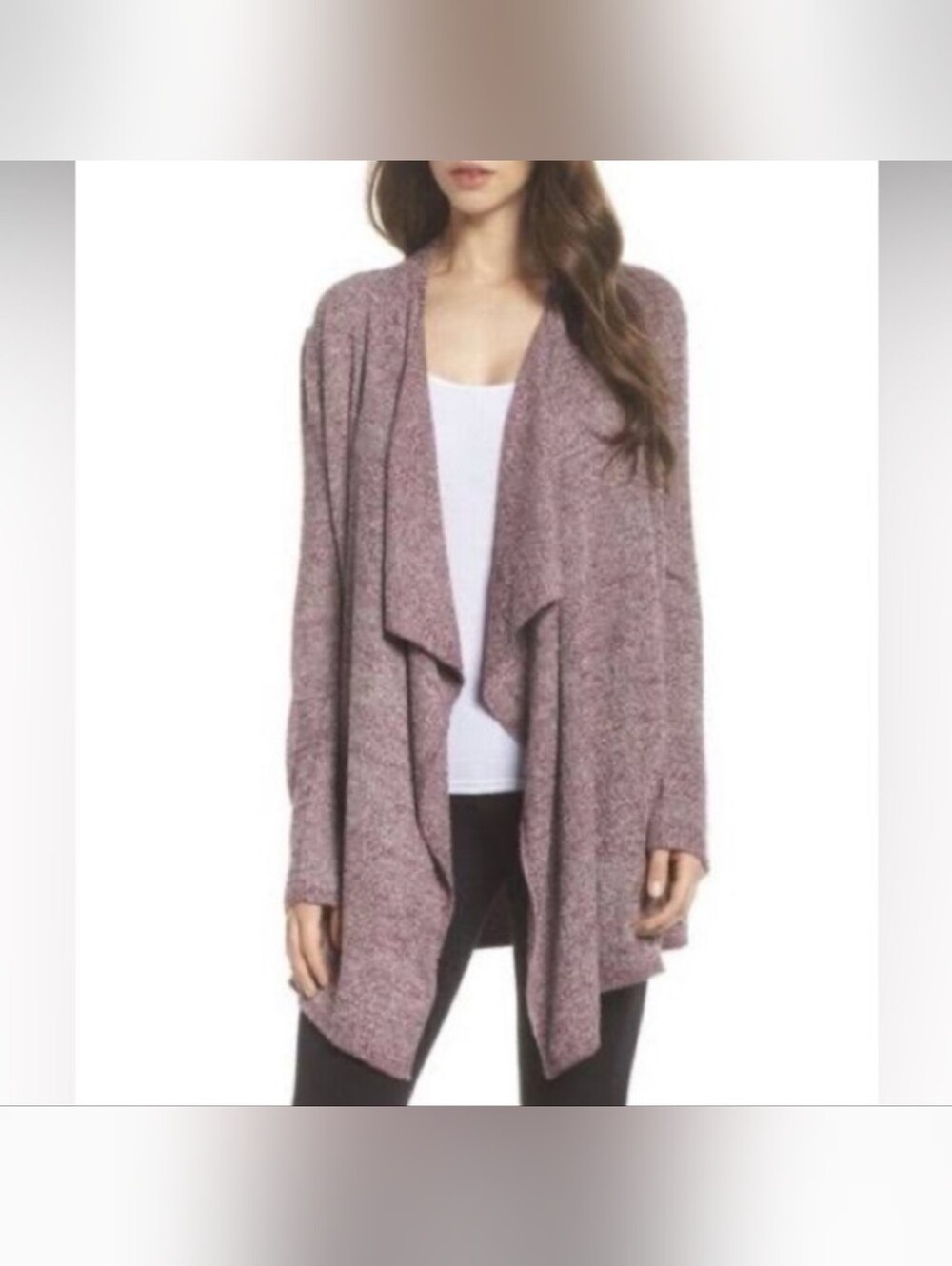 Softies Long Sleeve Open Front Hi- Lo Knit Duster in Taupe with Waterfall Collar